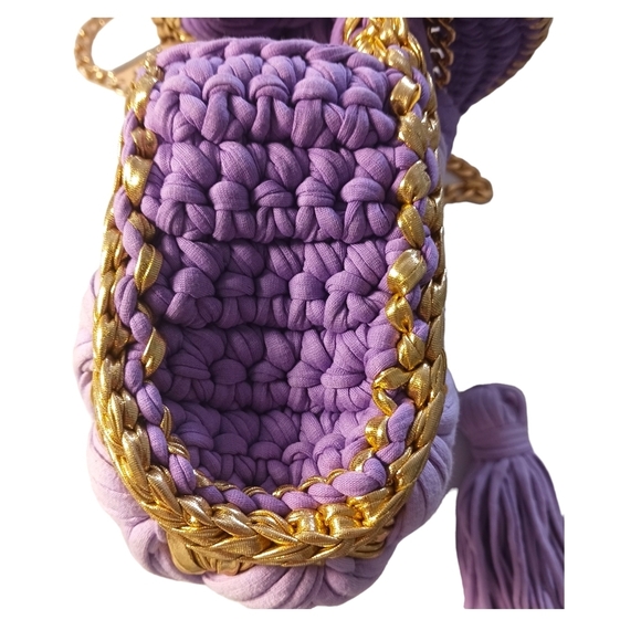 Womens Handbag Woven Metallic Gold Purple Crossbody Chain Chunky Fun - Picture 4 of 12